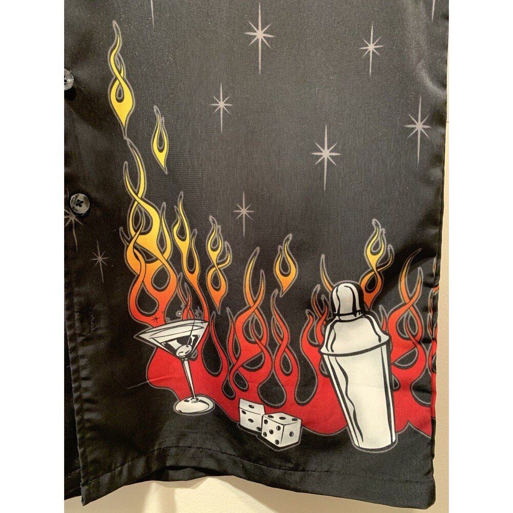 Vegas Party Shirt Black Flames Dice Martini Y2K  Cocktail Shaker VTG MT:2  M